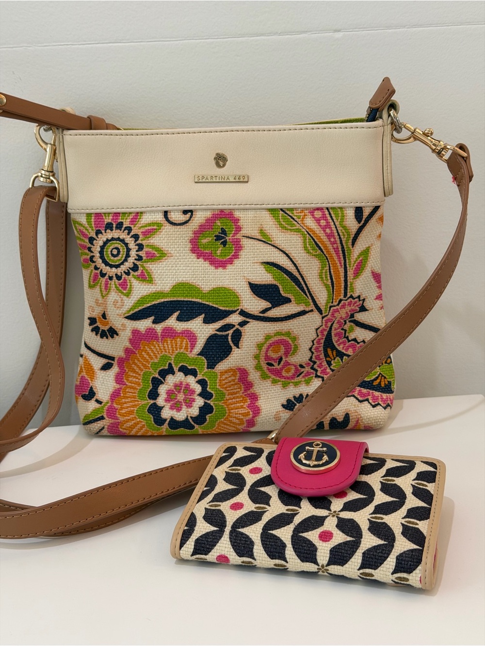 Spartina 449 Yemaya Pattern Tan Floral Boho Canvas Crossbody Bag w Wallet